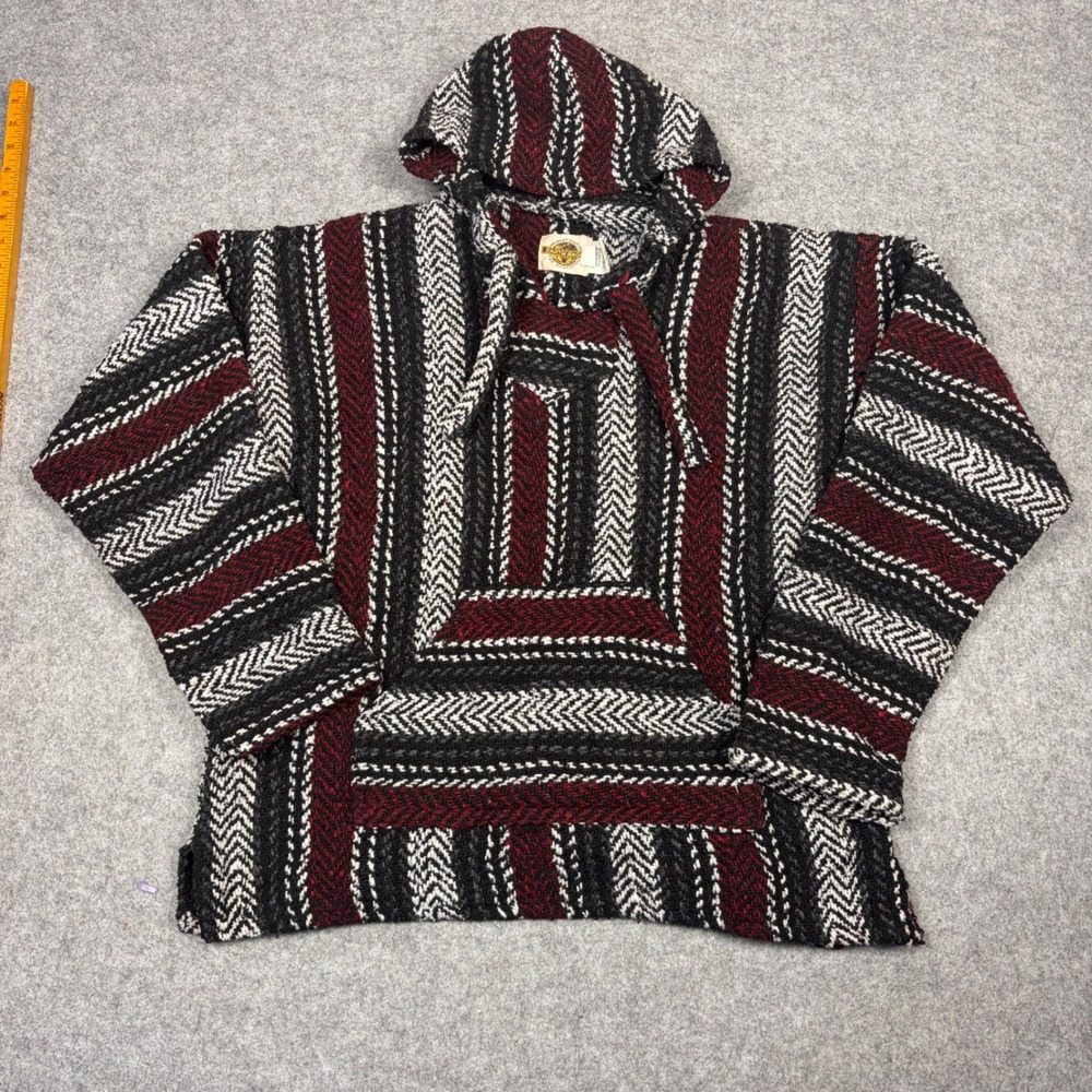 Earth Ragz Baja Hoodie XL Burgundy Black White Woven Drug Rug Pullover Sweater